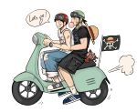  2boys absurdres bandaid bandaid_on_arm bandana black_hair black_shirt black_shorts blowing_bubble_gum blue_pants blush character_charm charm_(object) chewing_gum commentary_request denim english_text flag flag_on_vehicle gauze gauze_on_cheek goggles goggles_on_head grin hand_on_another's_hip helmet highres jeans jjerri00 jolly_roger korean_commentary male_focus monkey_d._luffy motor_vehicle multiple_boys necktie one_piece pants riding_scooter roronoa_zoro scar scar_on_cheek scar_on_face scooter shirt short_hair short_sleeves shorts simple_background smile speech_bubble straw_hats_jolly_roger vespa white_background 