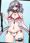  1girl ace_glitch ass_visible_through_thighs bell bikini black_nails breasts cleavage collarbone commentary earrings girls'_frontline girls'_frontline_2:_exilium grey_hair highres jewelry multicolored_bikini navel neck_bell open_mouth pink_bikini red_eyes sabrina_(girls'_frontline_2) sabrina_(strawberry_zabaione)_(girls'_frontline_2) sharp_teeth solo spas-12_(girls'_frontline) swimsuit teeth thigh_strap two-tone_bikini white_bikini 
