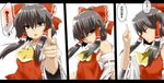  bad_id bad_pixiv_id bow brown_hair detached_sleeves hair_bow hakurei_reimu highres hyudora kamen_rider kamen_rider_skull kamen_rider_w long_hair parody touhou translated 