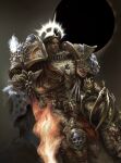  1boy armor artist_name boredguitarfish breastplate clawed_gauntlets closed_mouth commentary crown emperor's_sword emperor_of_mankind english_commentary fire flaming_sword flaming_weapon full_armor fur_trim gauntlets gem glowing glowing_eyes glowing_halo gold_armor gorget greaves halo highres holding holding_sword holding_weapon imperial_aquila laurel_crown long_hair orb ornate_armor ornate_weapon pauldrons portrait power_armor red_gem shoulder_armor signature sitting skull_ornament solo sword the_dark_king warhammer_40k weapon white_halo 