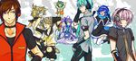  5boys armor bad_id bad_pixiv_id dress gakuko genderswap genderswap_(ftm) genderswap_(mtf) gloves gumiya hatsune_mikuo headphones japanese_armor jumping kagamine_lenka kagamine_rinto kaiko laughing megurine_luki meito multiple_boys multiple_girls samurai scarf shoulder_armor siblings sode thighhighs twins v vocaloid 