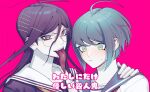  2girls ahoge blue_sailor_collar collarbone commentary_request danganronpa_(series) danganronpa_another_episode:_ultra_despair_girls eyelashes fangs fukawa_toko genocider_sho glasses green_hair hair_ornament hairclip hand_on_another's_shoulder highres lightning_ahoge ling_yun_(amadare0803) long_hair long_tongue messy_hair multiple_girls naegi_komaru pink_background purple_hair red_eyes round_eyewear sailor_collar short_hair simple_background smile sweatdrop teeth tongue tongue_out translation_request upper_teeth_only wavy_eyes white_sailor_collar 