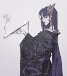  1girl absurdres alternate_costume alternate_hairstyle alternate_universe bare_shoulders black_kimono blunt_bangs closed_mouth english_commentary fan_hair_ornament from_side genshin_impact grey_background highres holding holding_smoking_pipe japanese_clothes kimono kur0o23 long_hair long_sleeves mole mole_on_cheek mole_under_eye mole_under_mouth off_shoulder purple_eyes purple_lips raiden_shogun ribbon smoking_pipe solo upper_body wide_sleeves 