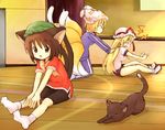  alternate_costume animal animal_ears bike_shorts blonde_hair brown_eyes brown_hair buruma cat cat_ears cat_tail chen contemporary eijima_moko fox_tail gym gym_uniform hat long_hair multiple_girls multiple_tails short_hair sitting stretch tail touhou yakumo_ran yakumo_yukari 