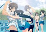  3boys asahina_mitsuru bad_id bad_pixiv_id genderswap genderswap_(ftm) genderswap_(mtf) highres hose koizumi_itsuki_(female) kyonko male_swimwear multiple_boys multiple_girls nagato_yuuki okiron school_uniform shorts suzumiya_haruhi_no_yuuutsu suzumiya_haruhiko swim_briefs swimsuit swimwear water wet 