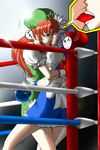  beret boxing boxing_gloves boxing_ring braid hat headdress heart highres hong_meiling hug izayoi_sakuya kiss maid_headdress multiple_girls rigid saliva star sweat tongue touhou yuri 