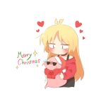  1girl ahoge ahoge_wag blonde_hair blush bocchi_the_rock! bow bowtie christmas closed_mouth commentary_request cropped_legs cube_hair_ornament expressive_hair gotoh_hitori gotoh_hitori_(tsuchinoko) hair_ornament hat heart holding ijichi_seika jitome long_hair long_sleeves merry_christmas off-shoulder_shirt off_shoulder rebecca_(keinelove) red_bow red_bowtie red_eyes red_shirt santa_hat shirt simple_background sparkle sweat trembling white_background 