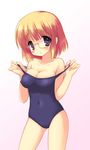  :o bad_id bad_pixiv_id blonde_hair blush breasts cleavage collarbone covered_nipples emily_(pure_dream) fingernails glasses gradient gradient_background looking_at_viewer medium_breasts one-piece_swimsuit original pulled_by_self purple_eyes red_eyes school_swimsuit short_hair solo strap_pull swimsuit swimsuit_pull 