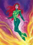  1girl aqua_eyes bodysuit commentary english_commentary floating_hair forehead_protector full_body green_bodysuit green_shoes highres jean_grey long_hair marvel meghan_hetrick oil_painting_(medium) painting_(medium) parted_lips pink_background purple_background purple_lips red_hair shoes solo superhero_costume traditional_media western_comics_(style) x-men yellow_background 