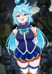  1girl 2boys absurdres aqua_(konosuba) aqua_bow arms_behind_back arrest assault_rifle bare_shoulders blue_eyes blue_hair blue_shirt blue_skirt blush bow breasts bulletproof_vest combat_helmet commentary detached_sleeves elpipe_3000 english_commentary goggles grey_jacket grey_pants gun hair_between_eyes hand_on_another's_shoulder helmet highres holding holding_gun holding_weapon holster jacket knee_pads kono_subarashii_sekai_ni_shukufuku_wo! large_breasts long_hair mask megumin miniskirt multiple_boys open_mouth pants pleated_skirt rifle s.w.a.t. shirt skirt teeth thigh_holster thighhighs upper_teeth_only weapon white_thighhighs 