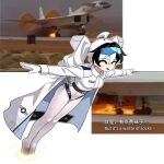  1girl ^_^ ahoge aircraft airplane black_hair bomber chute closed_eyes commentary_request eyewear_on_head mecha_musume military_vehicle original outstretched_arms pantyhose pckcool personification roundel runway solo twintails united_states_air_force white_hair white_pantyhose xb-70 