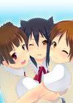  animal_ears black_hair brown_eyes brown_hair cat_ears hirasawa_ui hug k-on! long_hair minami_kunimusu multiple_girls nakano_azusa one_eye_closed ponytail red_eyes school_uniform short_hair short_twintails suzuki_jun twintails 