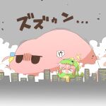  !? >_< 1girl ^^^ bocchi_the_rock! chibi chibi_only city closed_eyes commentary_request cube_hair_ornament dinosaur_costume dual_persona giant gotoh_hitori gotoh_hitori_(tsuchinoko) hair_ornament jitome open_mouth pink_hair rebecca_(keinelove) spoken_interrobang 