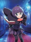  1girl artist_name blunt_bangs bob_cut book bow breasts character_name commentary dress elbow_gloves glasses gloves holding holding_book holding_pen indoors knees_together_feet_apart large_bow leaning_forward looking_at_viewer morikura_en neck_pillow official_art pantyhose pen pleated_dress pokemon pokemon_bw pokemon_tcg purple_dress purple_hair rimless_eyewear round_eyewear shauntal_(pokemon) short_dress short_hair smile solo standing symbol-only_commentary third-party_source three-quarter_sleeves 