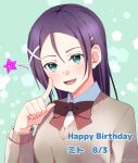  1girl aqua_eyes artist_name birthday_date bow bowtie brown_sweater censored censored_identity collared_shirt commentary_request finger_to_face forehead green_background hair_between_eyes hair_ornament hairclip happy_birthday highres long_hair looking_at_viewer open_mouth pentagon_(shape) purple_hair red_bow red_bowtie school_uniform shirt sidelocks smile solo star_(symbol) straight_hair sweater sword_art_online sword_art_online_progressive tozawa_misumi translation_request tu_tora2 twitter_username white_shirt x_hair_ornament 