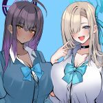  absurdres asuna_(blue_archive) asuna_(school_uniform)_(blue_archive) blonde_hair blue_archive blue_background blue_eyes blue_halo blue_ribbon breasts collar dark-skinned_female dark_skin gyaru halo highres karin_(blue_archive) karin_(school_uniform)_(blue_archive) large_breasts nakano_kura pale_skin purple_halo ribbon school_uniform yellow_eyes 