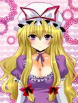  blonde_hair breasts choker cleavage elbow_gloves fragran0live frown gloves hat large_breasts long_hair purple_eyes ribbon_choker shy solo touhou upper_body white_gloves yakumo_yukari 