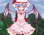  arms_up bat_wings bdsm blue_hair bondage bound bound_wings hat remilia_scarlet ribbon shimo_(depthbomb) short_hair solo touhou wings 