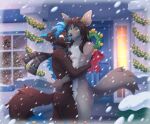 anthro anubian_jackal black_body black_fur black_hair blue_hair building canid canine canis christmas domestic_dog duo eyewear fox fur glasses green_eyes grey_body grey_fur hair hi_res holidays house hug hugging_another husky hybrid jackal leon_(leonjackyl) long_hair male male/male mammal nordic_sled_dog outside romantic romantic_couple scarf sioteru smile smiling_at_another smiling_at_partner snow snowing spitz tail toothy_smile watermark wearing_glasses winter wolf wreath yellow_eyes