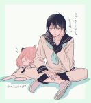  1boy 1girl ahoge anya_(spy_x_family) black_hair black_sailor_collar blue_neckerchief blush border child closed_eyes commentary_request dress drooling green_border hair_between_eyes hairpods hand_on_own_cheek hand_on_own_face hand_on_own_leg indian_style jitome katagiri_atsuko looking_at_another medium_hair mouth_drool neckerchief no_socks open_mouth outside_border pants pink_hair sailor_collar sailor_dress school_uniform serafuku shirt shoes short_hair sitting sleeping spy_x_family sweatdrop translation_request twitter_username uncle_and_niece white_dress white_pants white_shirt white_shoes yuri_briar 