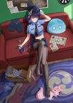  1girl absurdres alternate_costume anger_vein angry black_necktie black_pantyhose blue_shirt blue_skirt blunt_bangs blush book box braid closed_mouth collared_shirt commentary couch crop_top feet fox_girl genshin_impact gun gyqbzyl hair_ornament hair_ribbon handgun hat highres holding holding_gun holding_weapon hydro_slime_(genshin_impact) indoors knee_up leaning_back long_braid looking_up map mitsudomoe_(shape) mole mole_under_eye necktie no_shoes on_couch pantyhose paper police police_hat police_uniform policewoman purple_ribbon raiden_shogun ribbon rug shirt short_sleeves single_braid sitting skirt slime_(genshin_impact) toes tomoe_(symbol) weapon yae_miko yae_miko_(fox) 