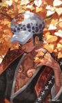  1boy alt_text attyrocious autumn black_hair black_kimono chest_tattoo closed_eyes commentary earrings english_commentary hand_tattoo hat highres japanese_clothes jewelry kimono male_focus one_piece short_hair sideburns smile solo tattoo trafalgar_law upper_body 