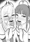 2girls absurdres blush breasts chainsaw_man commentary_request cross-shaped_pupils demon_horns elbow_gloves furrowed_brow gloves greyscale hair_between_eyes half-closed_eyes highres horns kaiman_garupan kneeling large_breasts long_hair long_hair_between_eyes looking_at_viewer makima_(chainsaw_man) medium_breasts monochrome multiple_girls nose_blush nurse open_mouth power_(chainsaw_man) ringed_eyes saliva sharp_teeth shirt short_sleeves sidelocks steaming_body sweat symbol-shaped_pupils teeth tongue tongue_out white_background 
