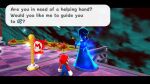  1girl cosmic_spirit earrings facial_hair jewelry mario mario_(series) non-web_source overalls screenshot speech_bubble star_(symbol) star_earrings super_mario_galaxy super_mario_galaxy_2 