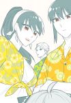  2boys 2girls :d ahoge anya_(spy_x_family) bandana ben-day_dots blue_eyes brother_and_sister buttons child collared_shirt commentary_request crossed_arms earrings expressionless family floral_print_shirt green_shirt hairpods hawaiian_shirt highres jewelry layered_shirt long_hair looking_at_another multiple_boys multiple_girls open_mouth out_of_frame partially_colored ponytail red_eyes screentones shirt short_hair siblings sidelocks smile spy_x_family sunbo_zatta teeth tied_shirt twilight_(spy_x_family) upper_body upper_teeth_only very_short_hair yellow_shirt yor_briar yuri_briar 