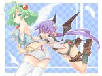  angel_and_devil angel_wings bad_id bad_pixiv_id demon_wings fang green_eyes green_hair highres kazami_ryouya multiple_girls one_eye_closed original pointy_ears purple_hair thighhighs wings yellow_eyes 