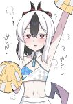  1girl absurdres arm_up bare_shoulders black_hair black_horns blue_archive blush bright_pupils cheerleader hair_between_eyes highres holding holding_pom_poms horns kayoko_(blue_archive) multicolored_hair navel nyanzai-sensei open_mouth pom_pom_(cheerleading) purple_wings red_eyes simple_background single_wing solo two-tone_hair white_background white_hair white_pupils wings 