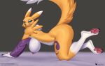  2026 anthro armwear bandai_namco blue_eyes bottomless clothed clothing digimon digimon_(species) doomthewolf female fur hi_res looking_at_viewer renamon solo white_body white_fur yellow_body yellow_fur 