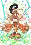  adapted_costume amano_miyabi armpits bow brown_hair colorful danmaku detached_sleeves embellished_costume genjii graphite_(medium) hair_bow hair_ornament hakurei_reimu highres long_hair magic_circle midriff navel ofuda orange_eyes smile solo tabi touhou touhou_(pc-98) traditional_media turtle watercolor_(medium) yin_yang 