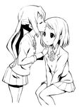  bad_id bad_pixiv_id forehead_kiss greyscale hirasawa_yui imminent_kiss k-on! kiss long_hair monochrome multiple_girls nakano_azusa neck_ribbon ribbon saiko_dagashi school_uniform short_hair sidelocks sitting standing twintails v_arms 