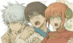  1girl 2boys animal_ears aseupilin666 black_eyes black_hair black_shirt blood blue_eyes breasts broken_eyewear bun_cover china_dress chinese_clothes clenched_hand clenched_hands dog dog_ears double_bun dress gintama hair_between_eyes hair_bun highres japanese_clothes kagura_(gintama) kimono long_sleeves looking_ahead looking_at_viewer medium_breasts messy_hair multiple_boys nosebleed open_mouth pince-nez red_dress red_eyes sadaharu sakata_gintoki shimura_shinpachi shirt short_hair simple_background surprised teeth upper_body upper_teeth_only white_hair white_kimono 
