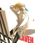  1boy black_pants blonde_hair blue_feathers character_name closed_eyes collared_shirt earrings feathers genshin_impact holding holding_feather holding_paintbrush jewelry kaveh_(genshin_impact) male_focus medium_hair open_mouth paint_palette paintbrush pants partially_unbuttoned shirt simple_background sleeves_pushed_up solo suyako_(suya93) white_background white_shirt 