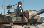  1girl aircraft alvin_art15 artist_name beret black_pantyhose brown_hair browning_m2 cannon close-up commentary commission crossed_legs cup english_commentary glasses gun hat heavy_machine_gun heterochromia highres holding holding_cup k2_black_panther machine_gun military_uniform military_vehicle motor_vehicle mug on_tank original pantyhose red_eyes sitting smoke_grenade_launcher solo tank weapon yellow_eyes 