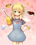  alternate_hairstyle apron arm_warmers blonde_hair eijima_moko food green_eyes hand_on_hip mizuhashi_parsee oven_mitts pointy_ears ponytail short_hair solo touhou 