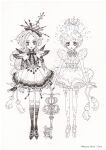  2girls anno_moyoco artist_name chocolat_meilleure commentary_request crown dress earrings full_body greyscale highres holding_hands jewelry looking_at_viewer monochrome multiple_girls ponytail puffy_short_sleeves puffy_sleeves short_hair short_sleeves sugar_sugar_rune thighhighs vanilla_mieux 