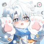  1boy aged_down alternate_costume animal_hands antenna_hair bag blue_eyes blue_scarf blush cat_paws chinese_commentary commentary_request dog_boy dog_tail fang gloves goldenpenguin96 heart highres honkai:_star_rail honkai_(series) male_focus mydei_(fig_stew)_(honkai:_star_rail) mydei_(honkai:_star_rail) open_mouth parted_bangs paw_gloves phainon_(honkai:_star_rail) phainon_(vigethos)_(honkai:_star_rail) scarf shirt short_hair shoulder_bag solo spoken_heart tail white_hair white_shirt 