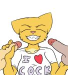 anthro balls eyes_closed felid female genitals group heart_symbol holding_penis human katia_managan khajiit male male/female mammal microsoft penis pink_nose prequel_adventure sharp_teeth simple_background smile teeth text the_elder_scrolls trio unknown_artist