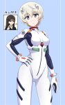  2girls ayanami_rei ayanami_rei_(cosplay) blue_background blue_eyes bodysuit breasts brown_hair commentary_request cosplay cowboy_shot girls_und_panzer glasses highres interface_headset_(evangelion) long_hair looking_at_viewer mecha_pilot_suit multiple_girls nishizumi_shiho omachi_(slabco) plugsuit_(evangelion) short_hair small_breasts smile suit white_bodysuit youko_(girls_und_panzer) 