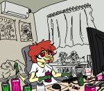 2025 anthro beverage cavemanon_studios compsognathid compsognathus computer computer_keyboard computer_mouse digital_drawing_(artwork) digital_media_(artwork) dinosaur electronics energy_drink eyelashes faustanon female food fooly_cooly_(snoot_game) hair hand_puppet inside long_tail monster_energy noodles open_mouth open_smile prehistoric_species ramen red_eyes red_hair reptile saurischian scales scalie schizo_chan_(snoot_game) sitting smile snoot_game snout solo tail theropod yellow_body yellow_scales