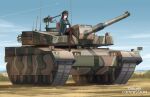  1girl aircraft alvin_art15 artist_name beret black_pantyhose brown_hair browning_m2 cannon caterpillar_tracks commentary commission crossed_legs cup english_commentary glasses gun hat heavy_machine_gun heterochromia highres holding holding_cup k2_black_panther machine_gun military_uniform military_vehicle motor_vehicle mug on_tank original pantyhose red_eyes sitting smoke_grenade_launcher solo tank treads vehicle_focus weapon yellow_eyes 