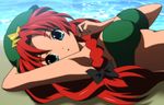  armpits arms_behind_head beach bikini_top blue_eyes breasts day hat hong_meiling large_breasts long_hair lying ocean outdoors red_hair solo swimsuit touhou water yadokari_genpachirou 