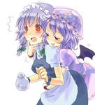  :3 bad_id bad_pixiv_id bat_wings blue_hair blush bow braid chin_grab hat hug hug_from_behind izayoi_sakuya maid maid_headdress multiple_girls nove_(legge) red_eyes remilia_scarlet short_hair silver_hair smile surprised teapot touhou twin_braids wings you_gonna_get_raped 