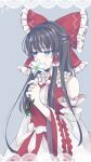  1girl ascot blue_eyes blush bow brown_hair commentary_request detached_sleeves embellished_costume flower flower_request frilled_bow frilled_hair_tubes frills grey_background hair_bow hair_tubes hakurei_reimu highres holding holding_flower long_hair mito_(fate) red_bow red_skirt ribbon-trimmed_sleeves ribbon_trim signature simple_background skirt skirt_set smelling smelling_flower smile solo touhou white_ascot white_flower 