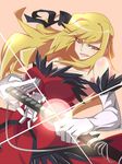  bakemonogatari bare_shoulders blonde_hair breasts cleavage dress elbow_gloves gloves hair_ribbon kiss-shot_acerola-orion_heart-under-blade large_breasts long_hair monogatari_(series) noisyu ribbon solo sword weapon yellow_eyes 
