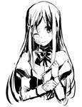  bow greyscale hair_ornament hairclip ikezawa_hanako katawa_shoujo long_hair monochrome one_eye_closed ribbon scar school_uniform smile weee_(raemz) 