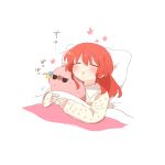 1girl :d blanket blush bocchi_the_rock! closed_eyes collared_shirt commentary_request cube_hair_ornament gotoh_hitori gotoh_hitori_(tsuchinoko) hair_ornament heart heart_print hug kita_ikuyo long_hair long_sleeves lying on_back on_bed open_mouth pillow print_shirt rebecca_(keinelove) red_hair shirt simple_background smile sweat under_covers white_background 